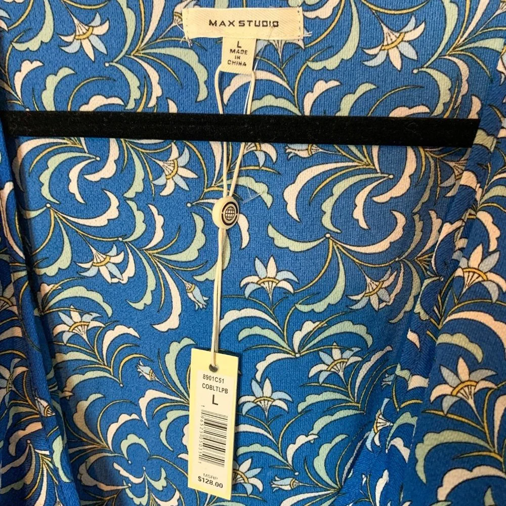 MAX STUDIO Blue Floral Patterned Ruffle Wrap Midi Dress Size L